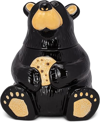 DEMDACO Bearfoots by Jeff Fleming Cute Bear With Cookie Classic Black - Tarro de cerámica brillante de 12 x 9 pulgadas, contenedor de almacenamiento