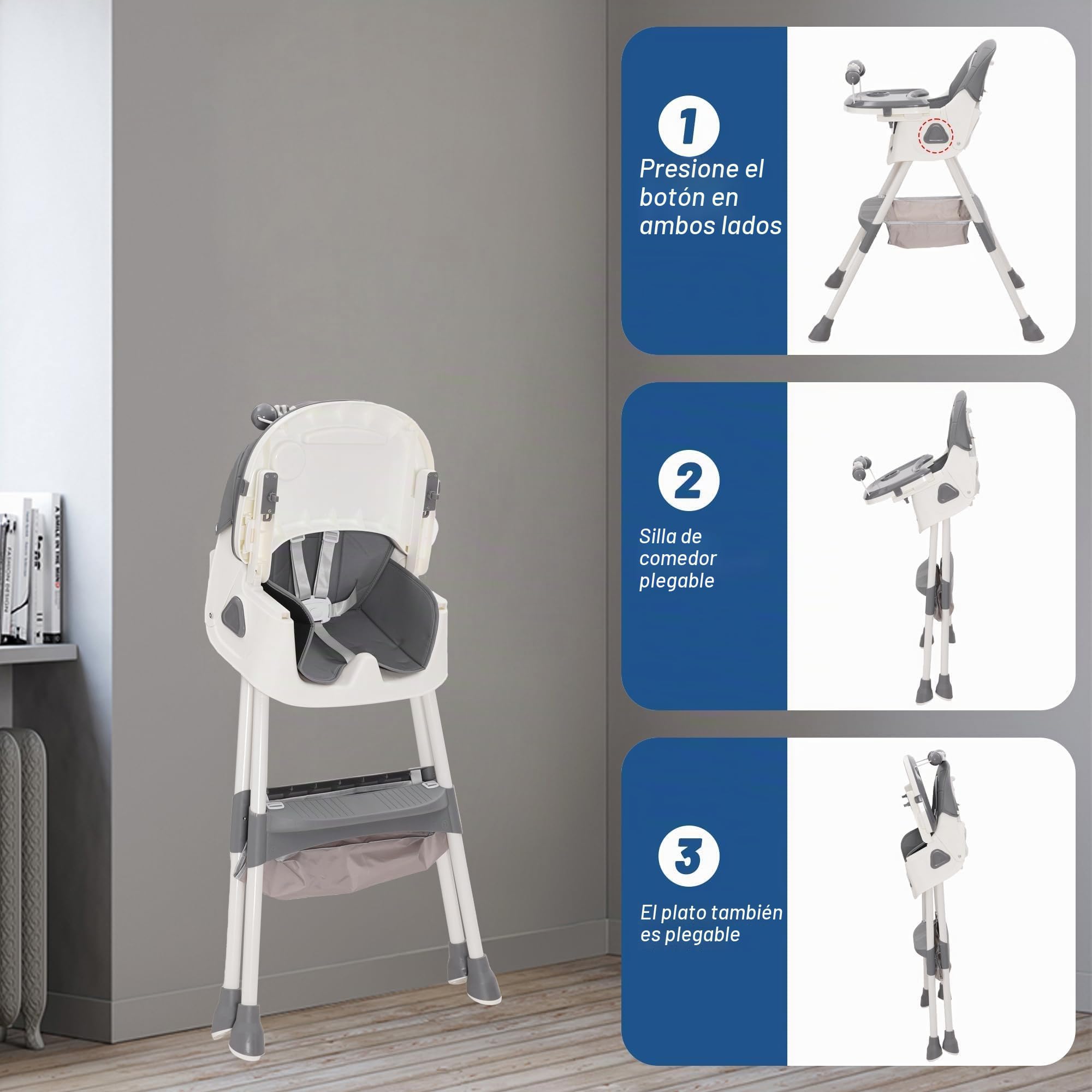 Trona bebé Plegable 3 en 1, 3 Posiciones, Reclinable con Ruedas y Doble Bandeja Extraíble, Asiento Reposapiés con Estante para Juguetes, Altura Regulable para Bebés de 6+ Meses