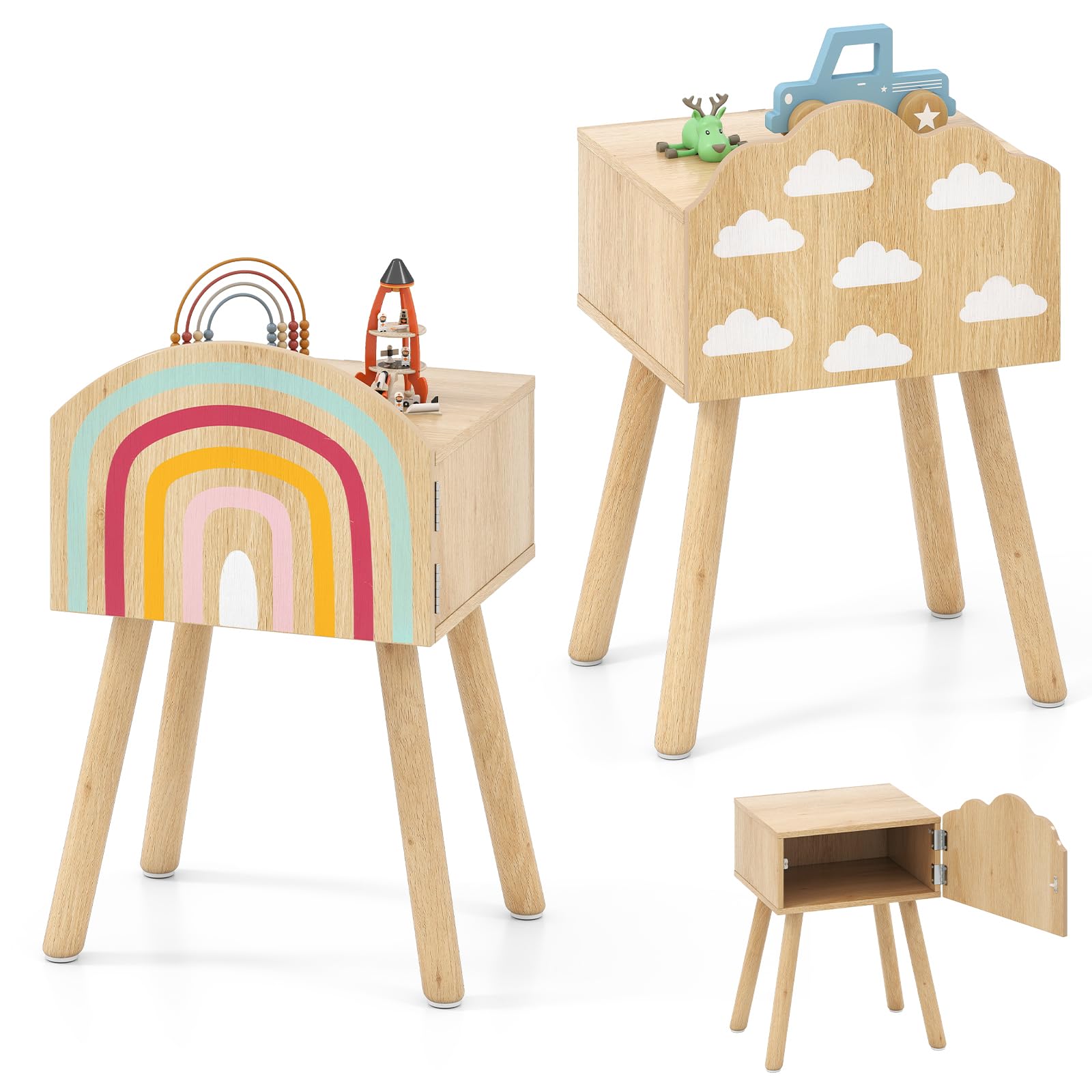 KOMFOTTEU Set di 2 comodini per bambini, comodini per bambini, con gambe in legno massello, tavolino ausiliario con dispositivo antiribaltamento, tavolo testiera con motivi arcobaleno e nuvole