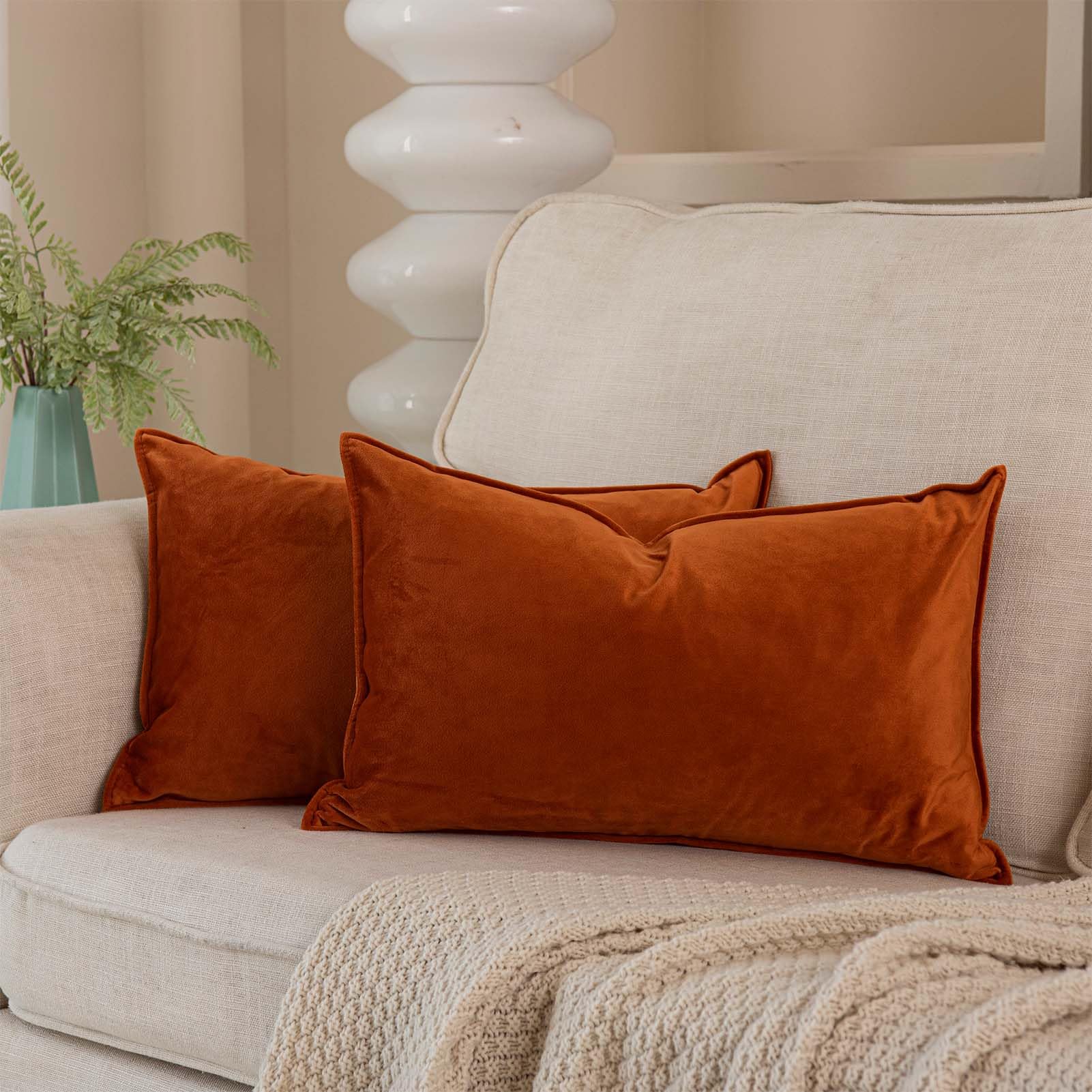 JUSPURBET 14x24 Pillow Covers Set of 2 Decorative Throw Pillow Covers Case for Couch Sofa Bed Soft Velvet Lumbar Cushion Covers with Hidden Zipper for Home Decor Living Room,Burnt Orange