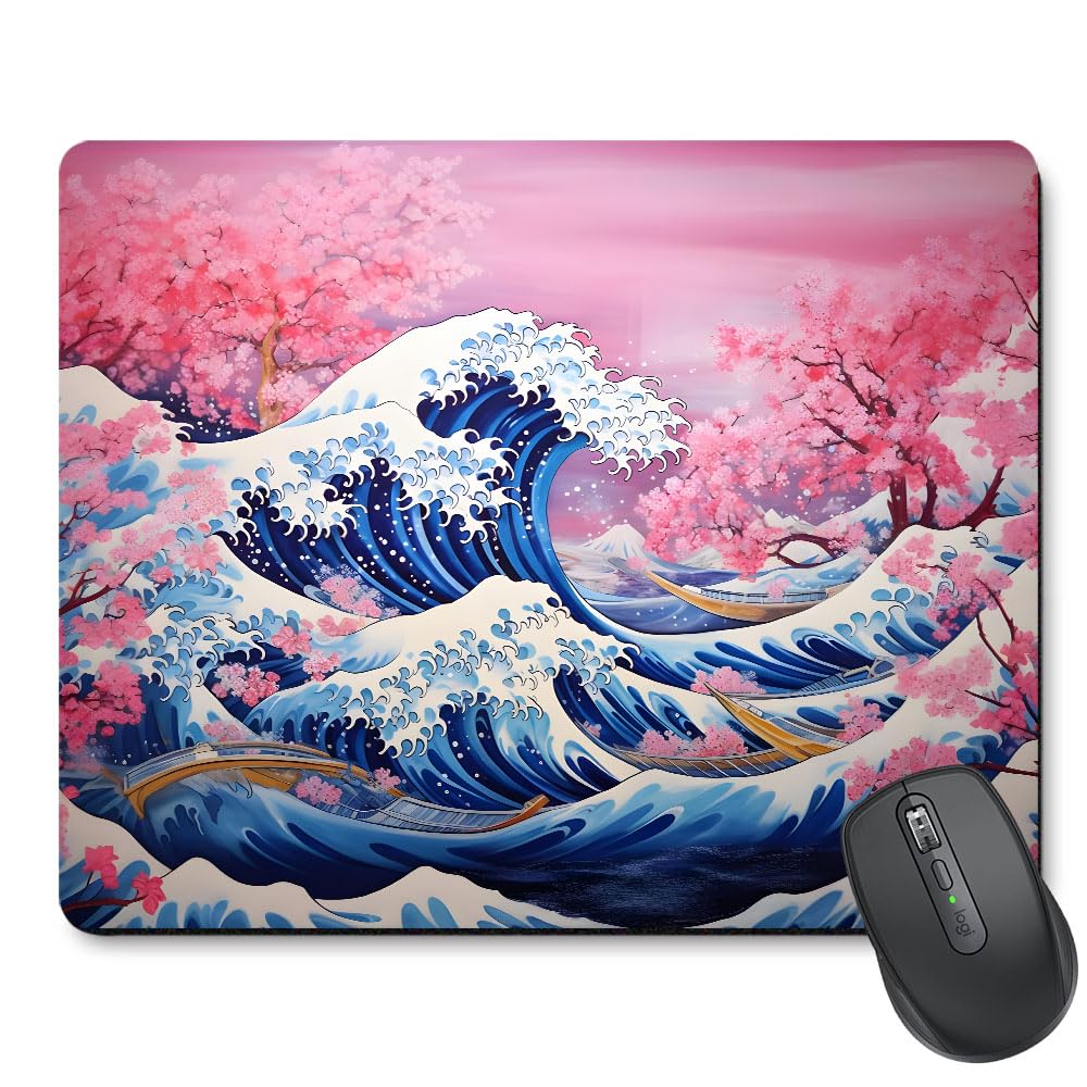 ASHKEY Huge Pink Waves Mouse Pad,Brightly Pink Unique Design Mousepad Waves,Mouse Pads for Desk with Non-Slip Rubber Base,Office Home Washable Gaming Mousepad Desk Accessories for Women, LANG-04