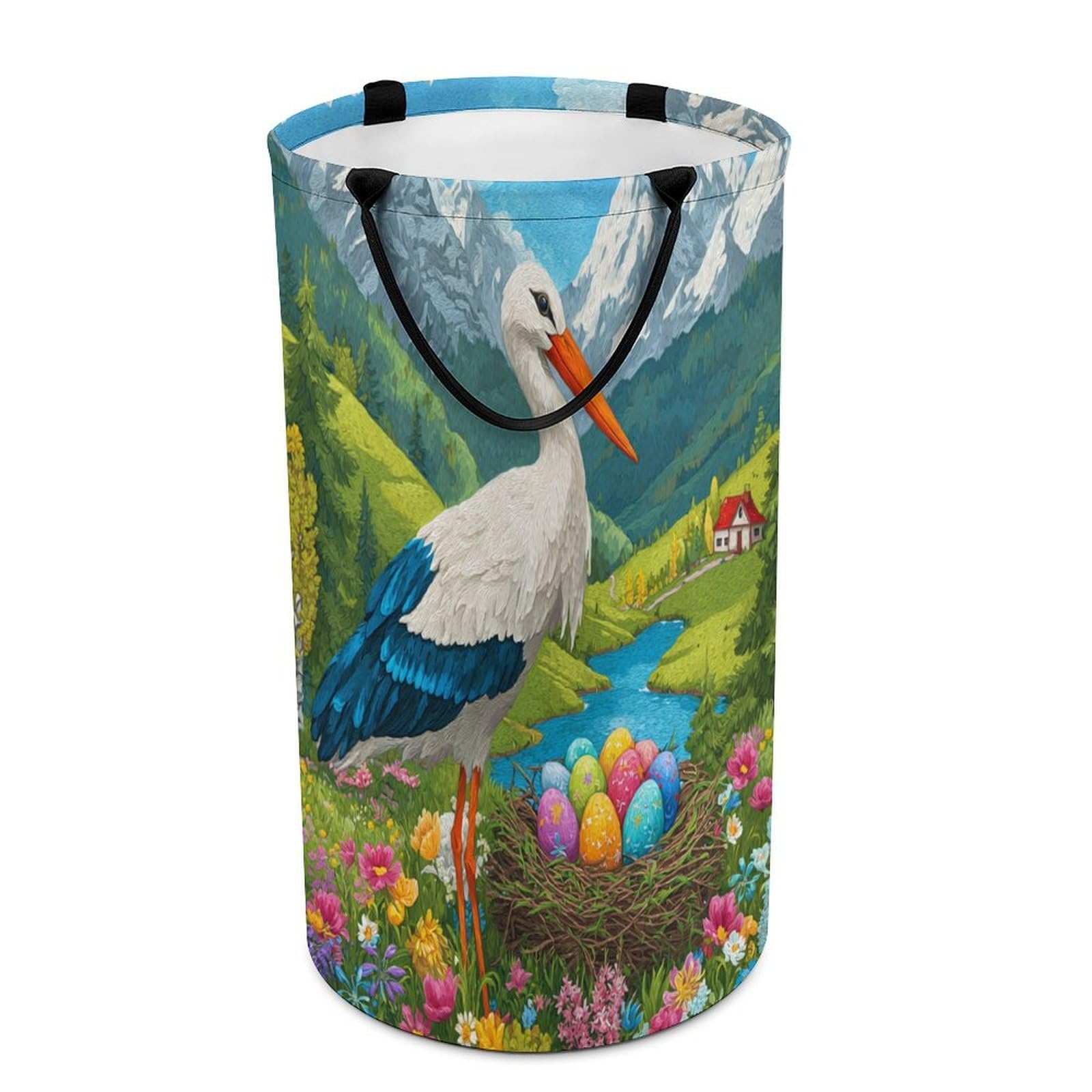 LUYYSKY Retro Watercolor Bird Crane Versatile Storage Laundry Basket, Modern Abstract Spring Landscape Colorful Eggs Animal Crane Large Capacity Bathroom Hamper With Handle