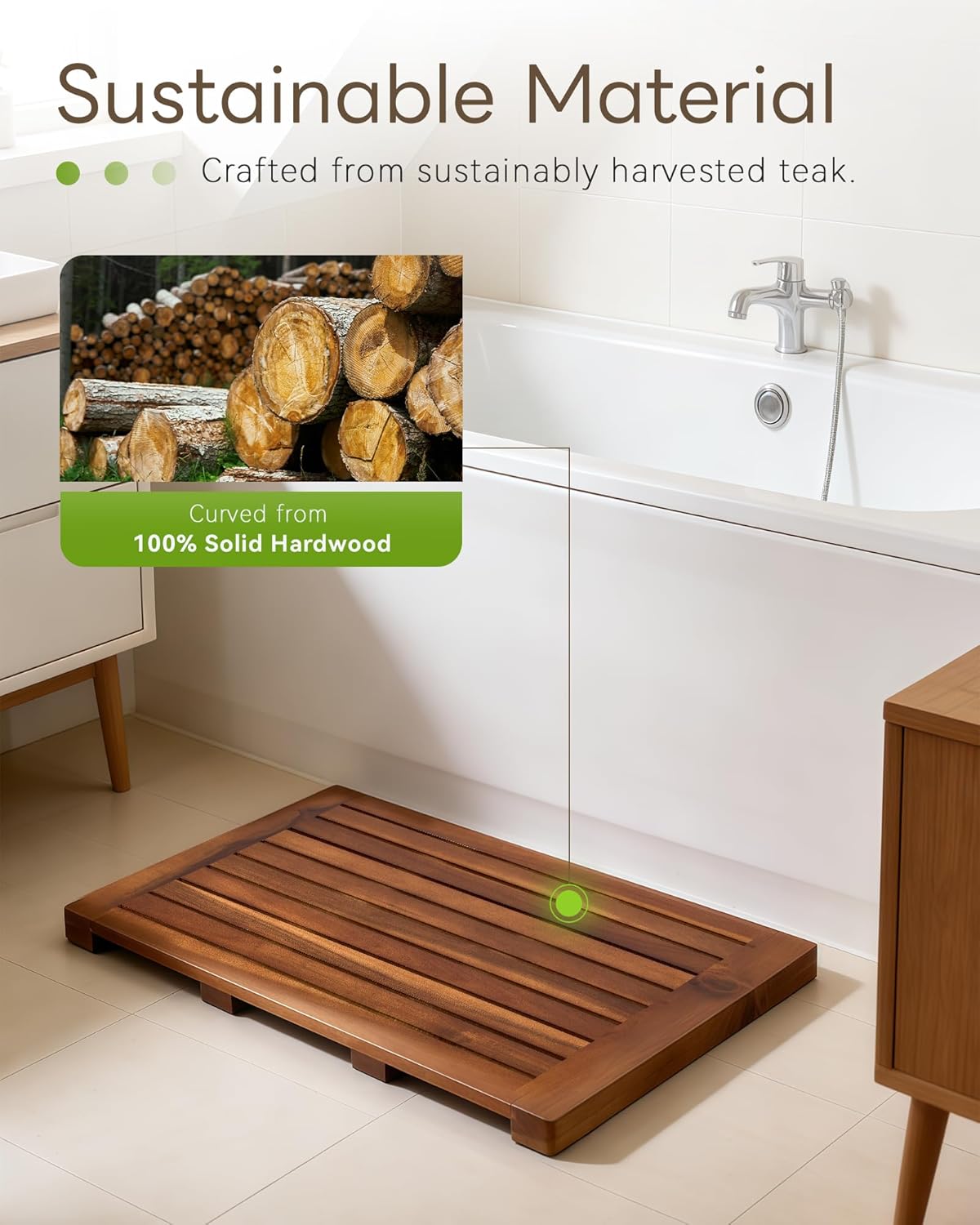 teak shower mat, 24 x 18 inch wood bath mat for inside shower, wooden shower floor teak wood mat for bathroom spa & outdoor use - sm-001v 24" x 18" (rectangular)