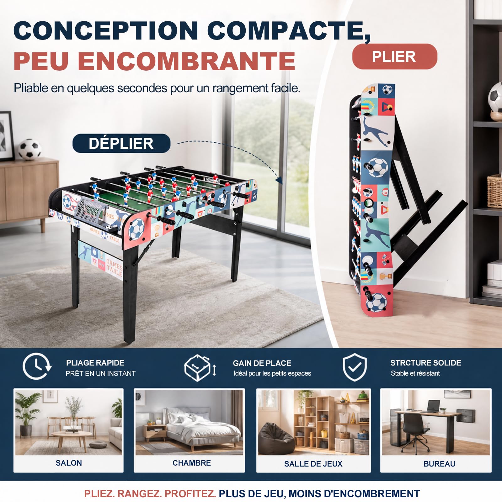 Baby-Foot Pliable 121cm, Table Foot Intérieur Barres Télescopiques