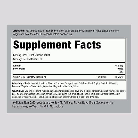 Piping Rock Vitamin B12 1000 mcg Sublingual | 120 Tablets | As Methylcobalamin | Berry Flavor | Vegetarian, Non-GMO, Gluten Free Supplement