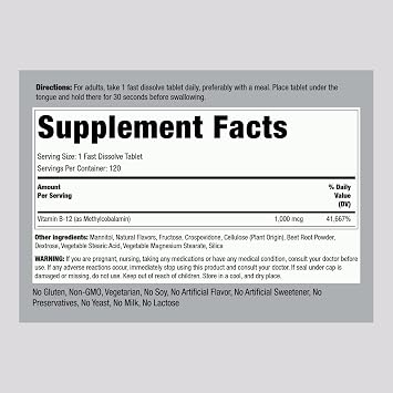 Piping Rock Vitamin B12 1000 mcg Sublingual | 120 Tablets | As Methylcobalamin | Berry Flavor | Vegetarian, Non-GMO, Gluten Free Supplement