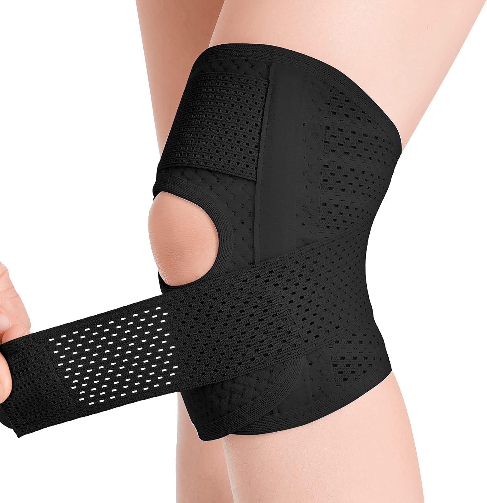 Knee Brace with Side Stabilizers Relieve Meniscal Tear, Breathable Adjustable Knee Support Suitable for Men and Women with Sports strain(Medium, Black (Left))