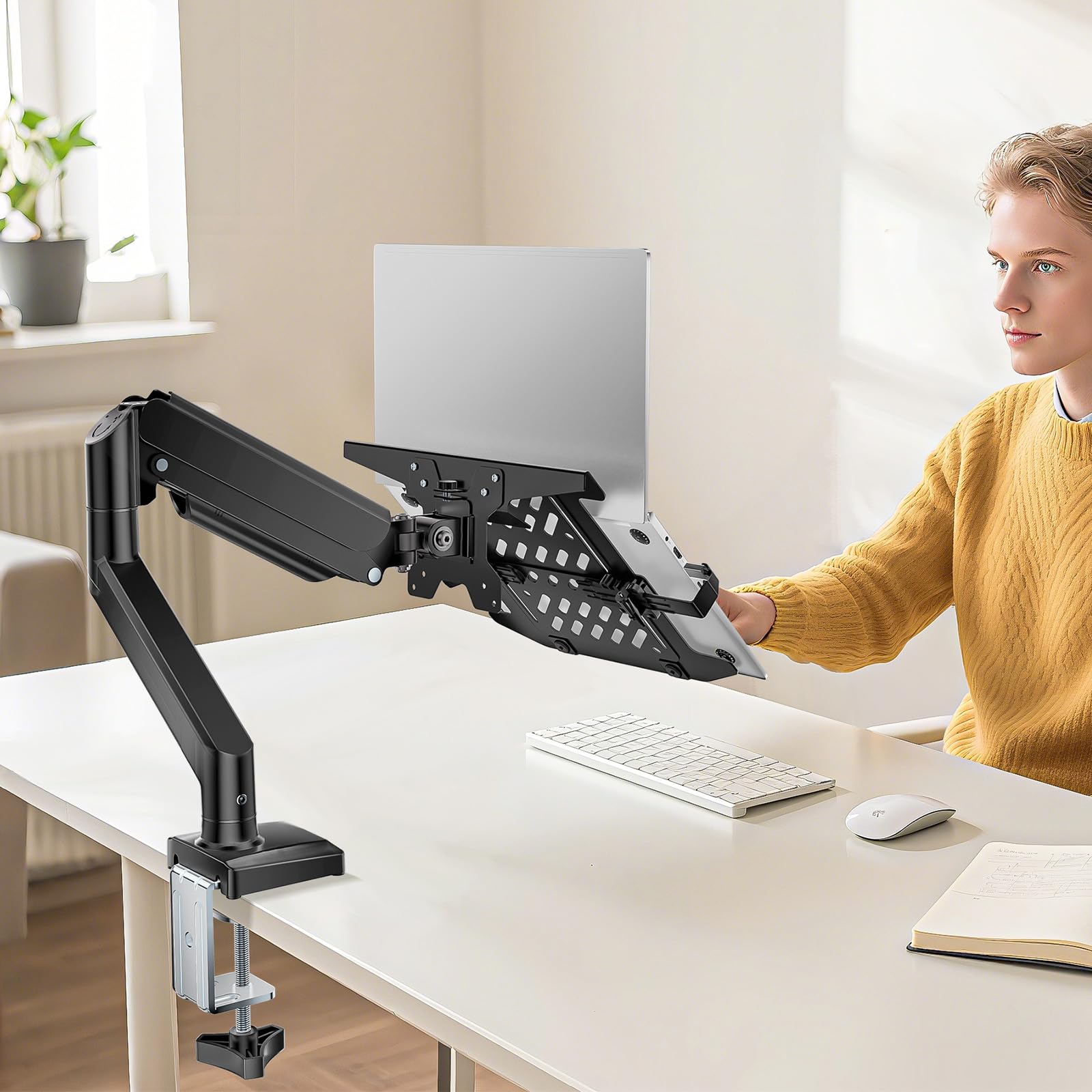 WALI Supporto da scrivania per computer portatile, supporto per monitor 2 in 1 con vassoio regolabile per laptop, adatto per notebook da 17" e schermo da 34", supporta max 10-12 kg, supporto per