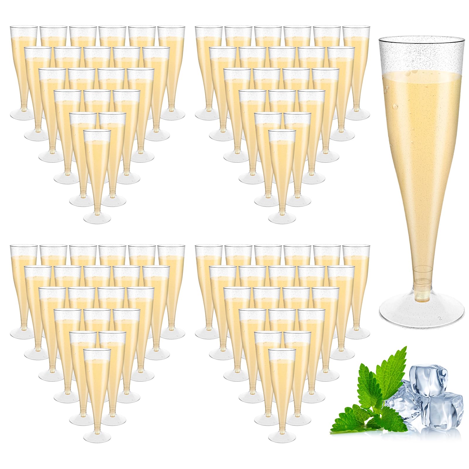 AKOLAFE 100 Piezas Copas Plástico Duro, Copas de Plástico para Champan 4,5 oz, Flautas con Purpurina Plateada y Base Desmontable para Cava, Bodas y Fiestas