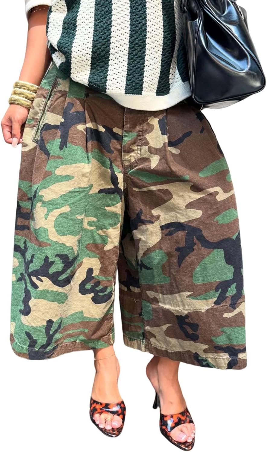 Women's Barrel Camo Pants High Waisted Wide Leg Peated Palazzo Camouflage Capris Baggy Y2k Army Fatigue Trousers