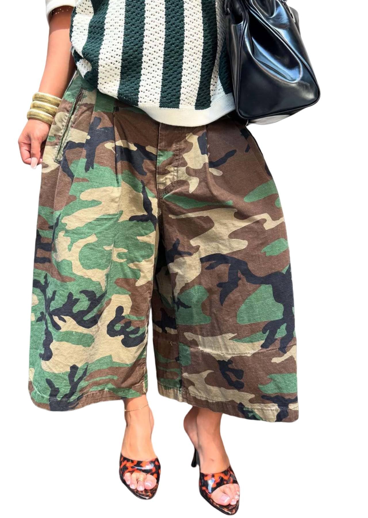 Womens Barrel Camo Pants High Waisted Wide Leg Peated Palazzo Camouflage Capris Baggy Y2k Army Fatigue Trousers