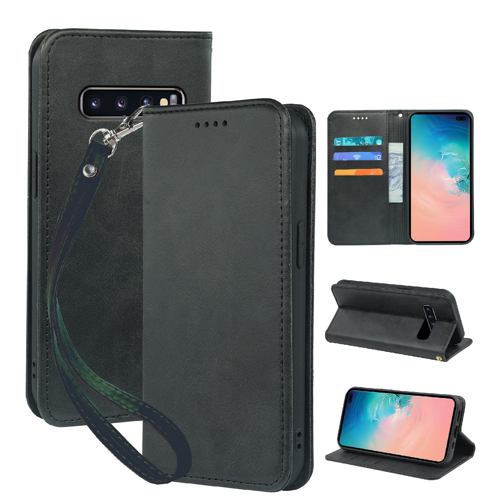 seninhi 対応 Galaxy S10 用の ケース 手帳型 ギャラクシーS10 [ SC-03L SCV41 ] スマホケース 携帯ケース 職人仕様 手縫い革ケース 手帳型ケース スタンド機能付き 財布型 360度保護 耐衝撃 ケース カード収納 レザー 多機能 ベルトループ付き‌ おしゃれ 携帯カバー ブラックXNWGS10PG