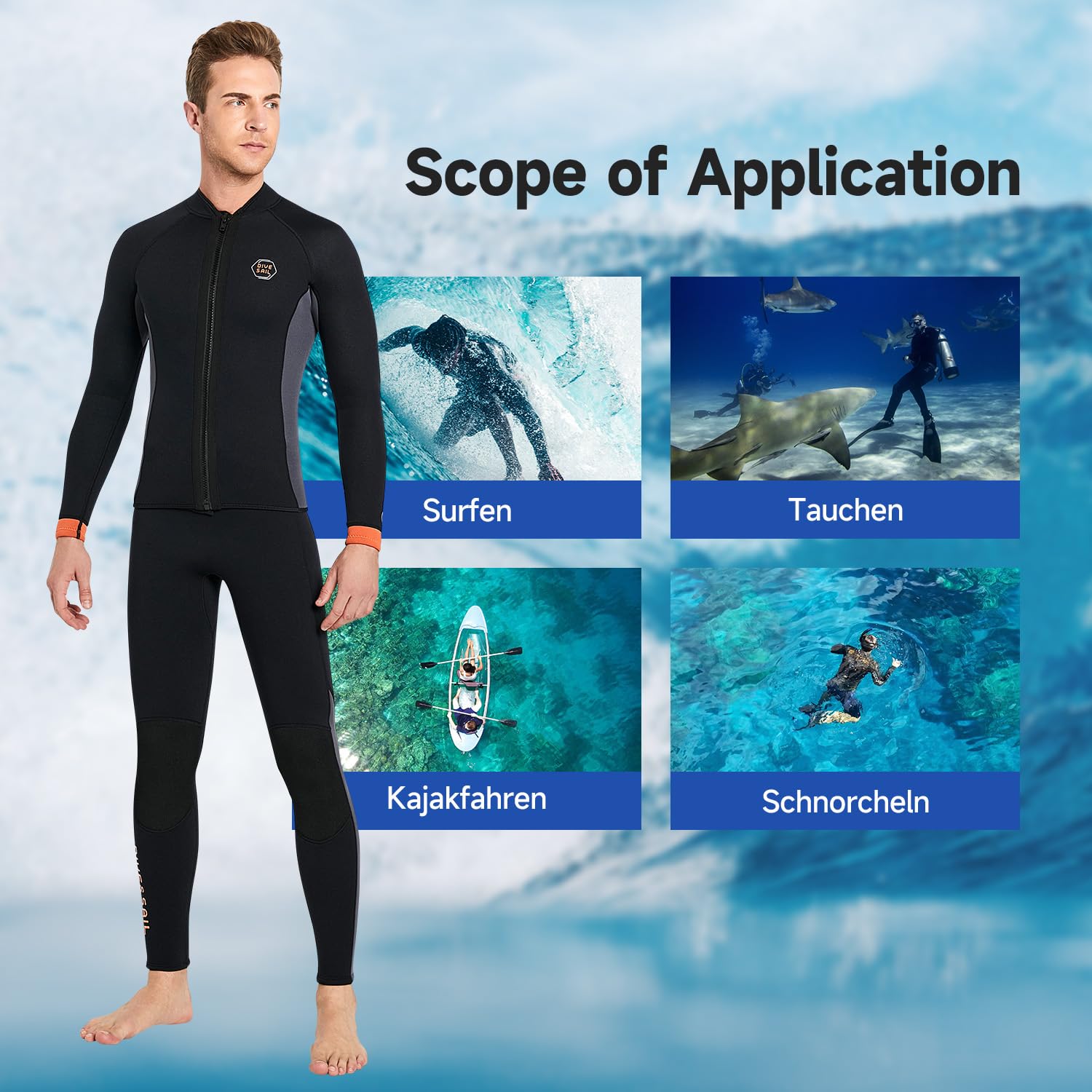 Combinaison en néoprène pour homme et femme - 3 mm - Combinaison en néoprène - Veste pour garder au chaud - Manches longues - Fermeture éclair avant - Haut en néoprène pour la plongée, le surf, la
