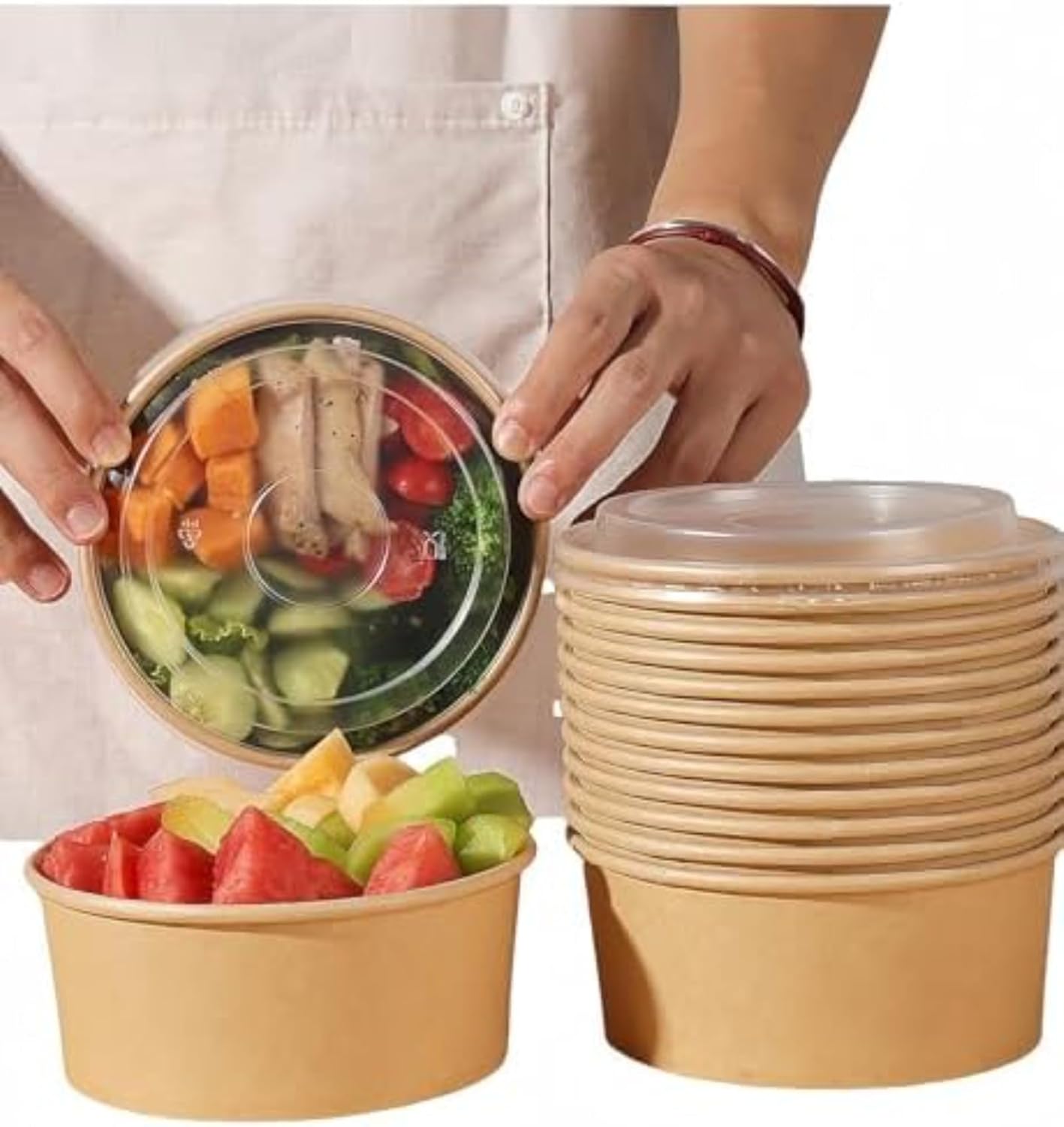 100個 使い捨てボウル 使い捨て弁当箱 蓋付き ペーパー クラフト紙 電子レンジ対応 業務用 バーベキュー 食品容器 テイクアウト