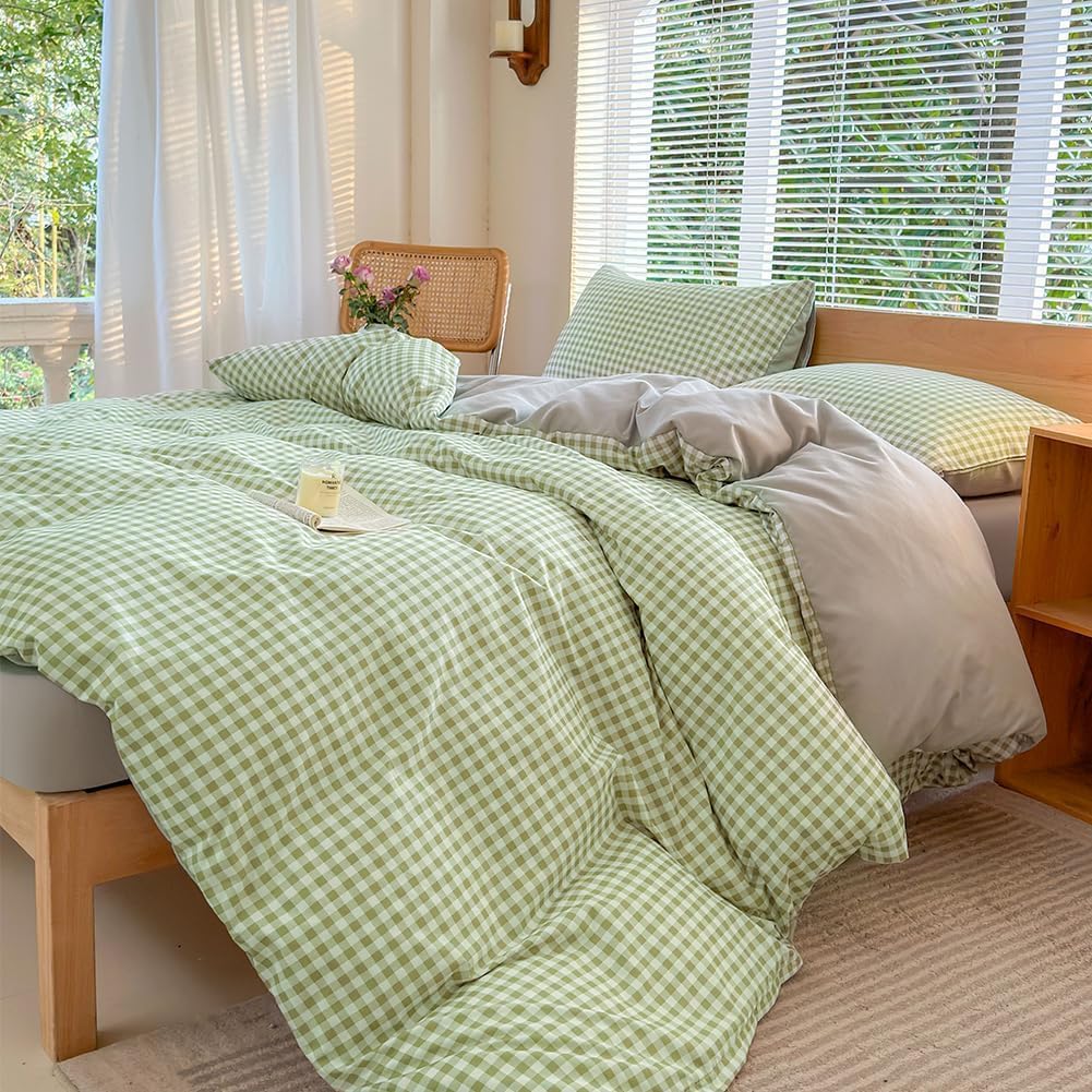 NSNLGSGC King Duvet Cover Set, Plaid Duvet Cover King Bed and 2 Pillowcases Bedding Set Easy Care 220 x 230 cm Sage Green Gingham