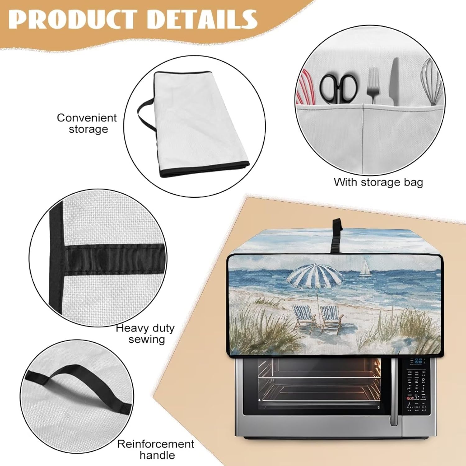 Beach Print Toaster Oven Dust Cover with Side Pockets Heavy Duty Dust Protection Microwave Toaster Oven Cover Decorative Accessories for Kitchen, L Size