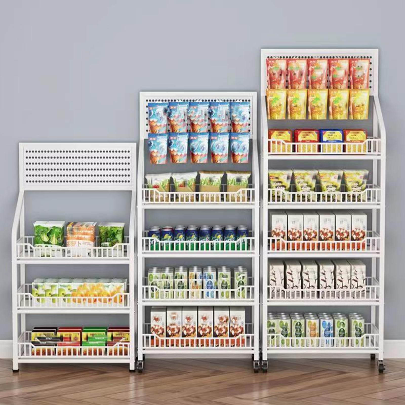 Espositore per vendita al dettaglio a 5 livelli, in metallo resistente, con ruote e 15 ganci, scaffale per riporre oggetti, con serratura per dispensa di generi alimentari domestici