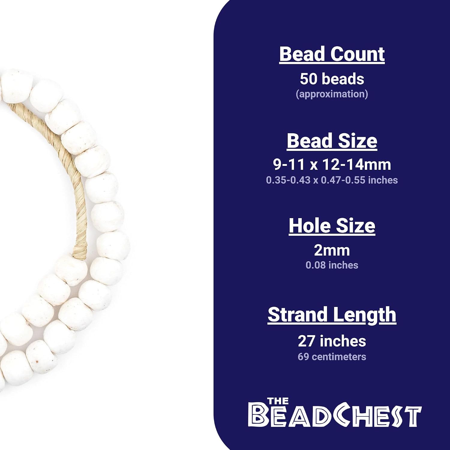 The Bead Chest African Recycled Glass Beads – Handmade in Ghana – White 14mm Strand for Jewelry Making, Crafts, and Home Decor I Approximately 50 Beads