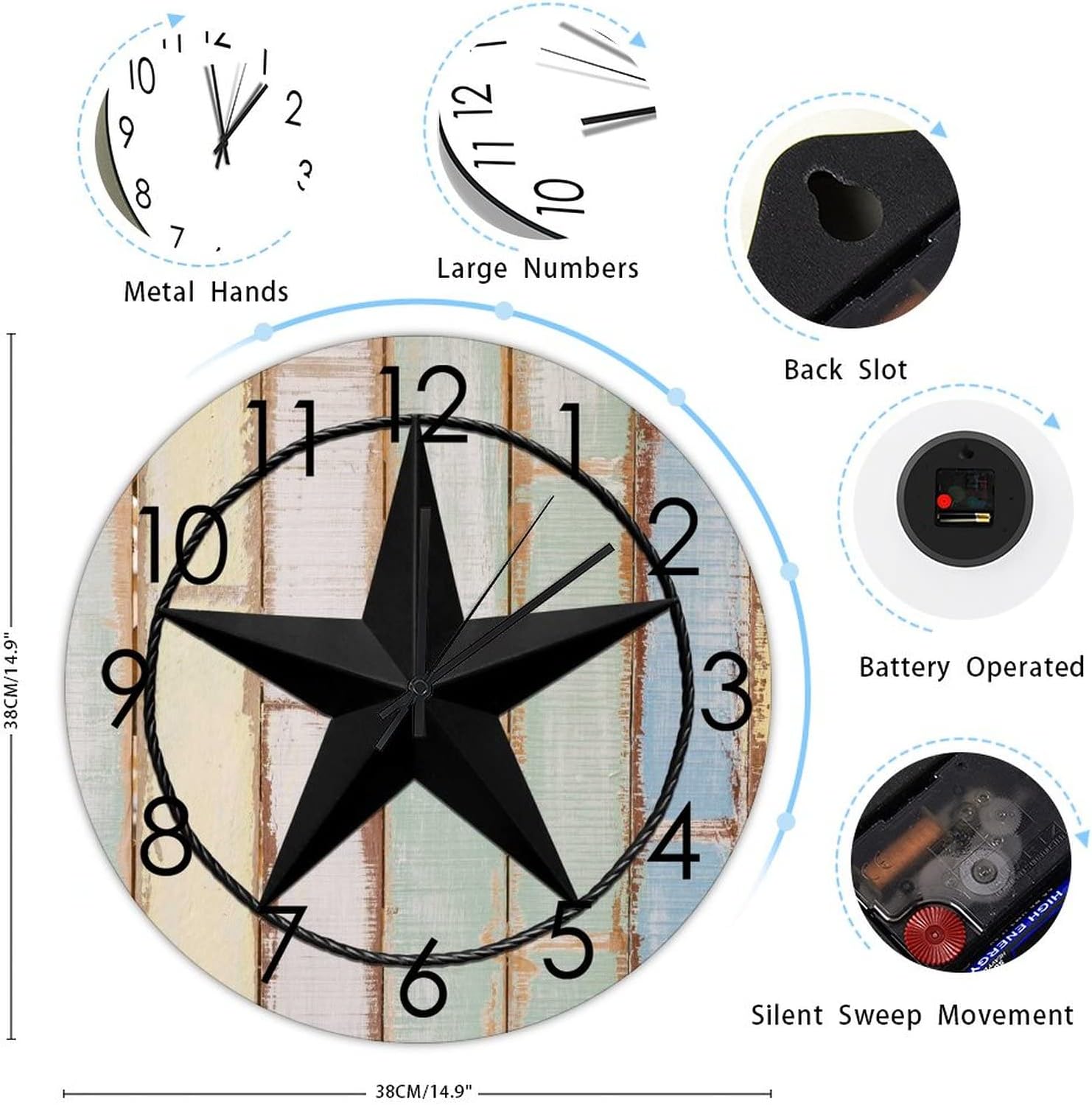 Wall Clock Texas Star Silent Battery Operated Vintage Wall Wooden Clock Vintage Western Country Wall Decoration for Bedroom Living Room Entrance Kitchen Cottage
