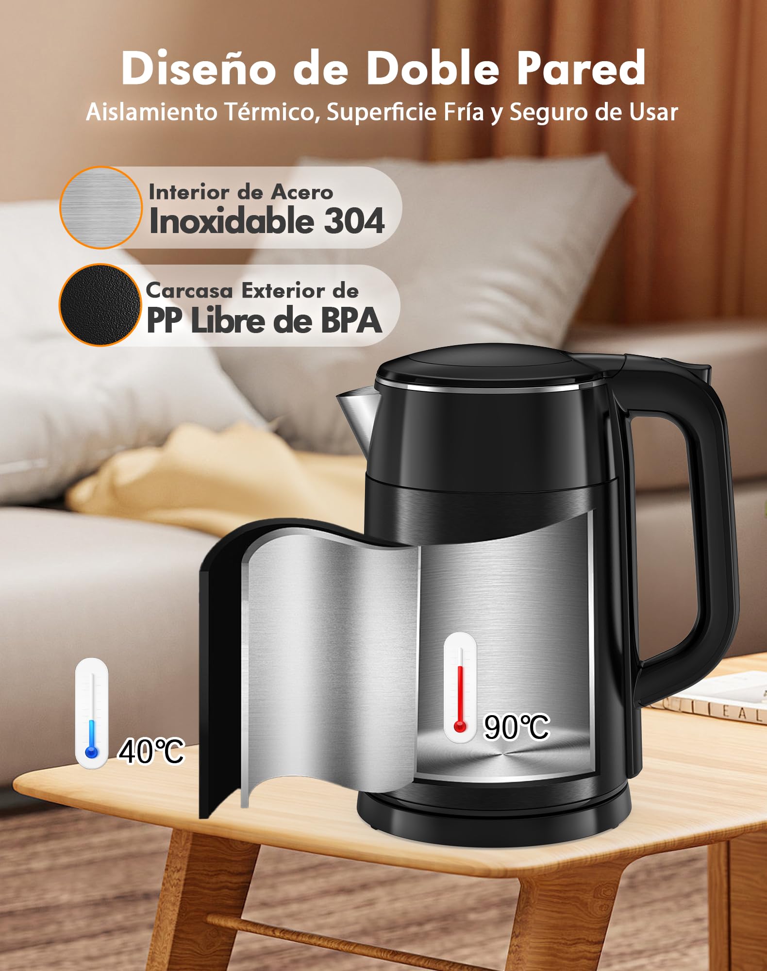 Hervidor de Agua Eléctrico 1,7L 2200W con Control de Temperatura y Pantalla LED - Acero Inoxidable 304 Libre de BPA, Doble Pared Tacto Frío, Función Mantener Calor 2H, Apagado Automático (negro)