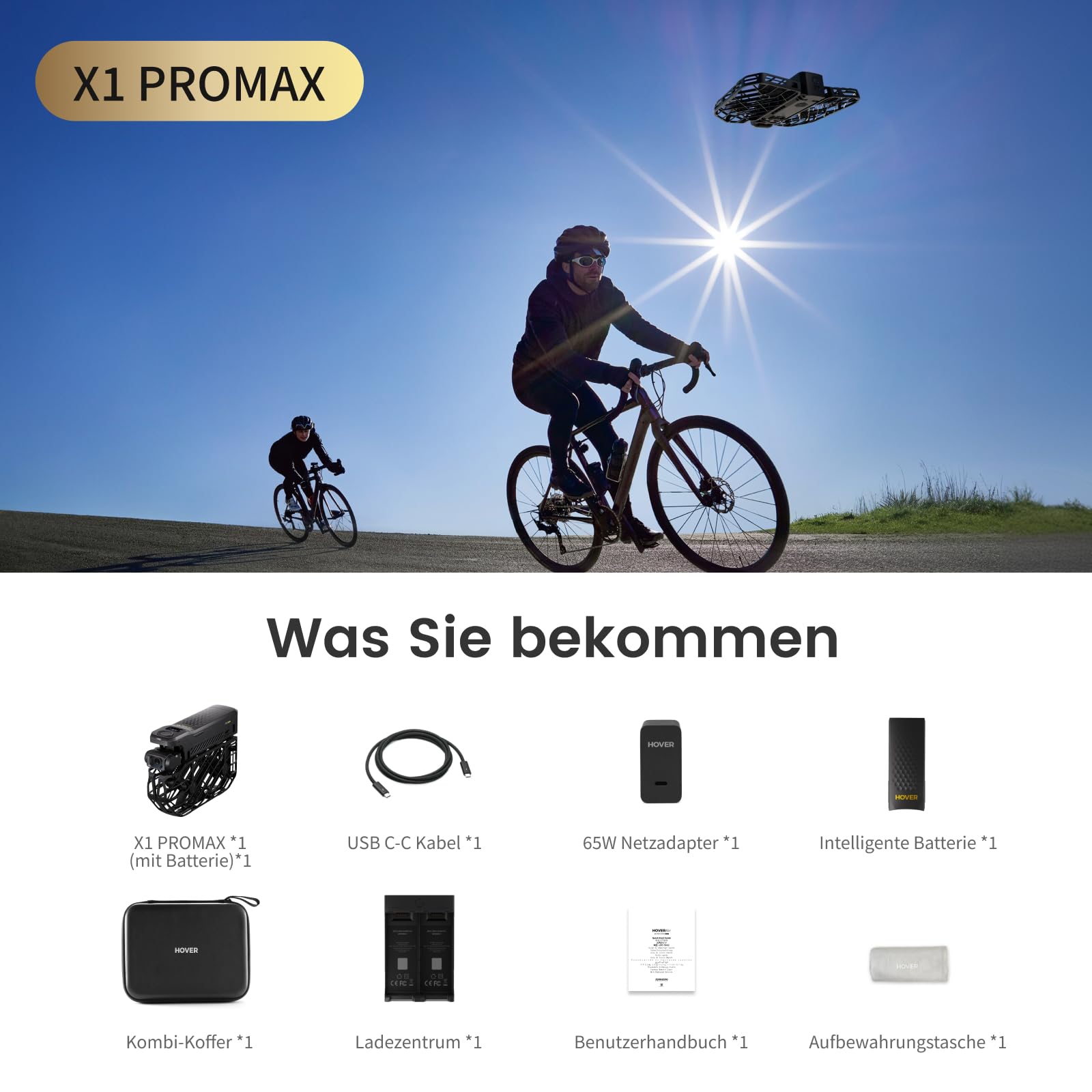 HOVERAir X1 PROMAX Drohne mit Kamera 8K, Faltbar Action Cam mit über 15 vollautomatischen Flugmodi, 42 KM/H, Fliegen überall mit OmniTerrain, Rückkollisions-Erkennung (Basis Kombo)