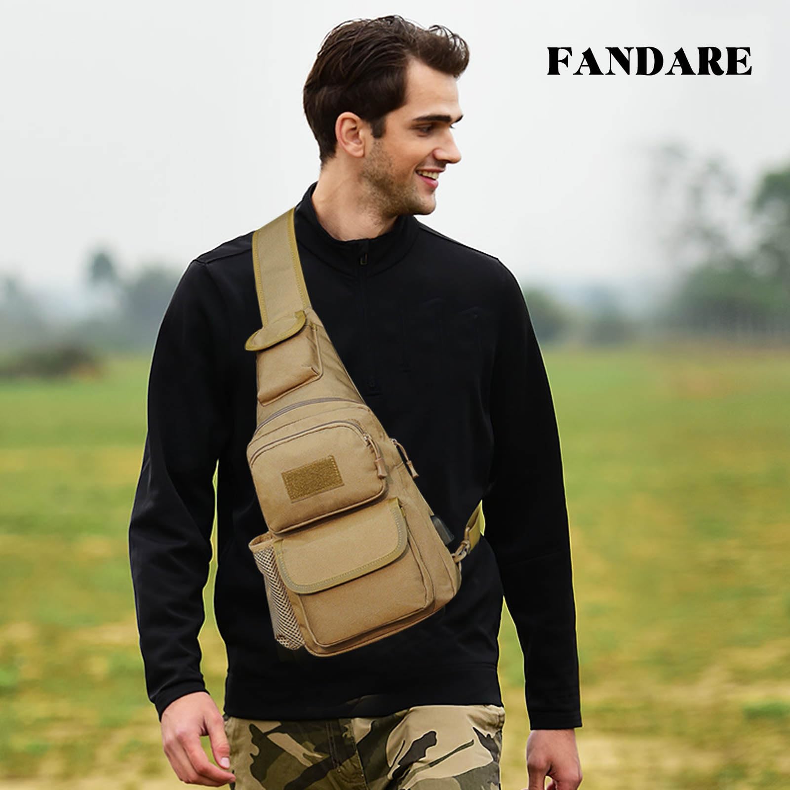 FANDARE Sac à Dos Militaire Poitrine Tactique Homme Femme Randonnée avec USB et Bandoulière Sacoche d’Epaule pour Voyage, Sports, Travers, Cyclisme et Moto