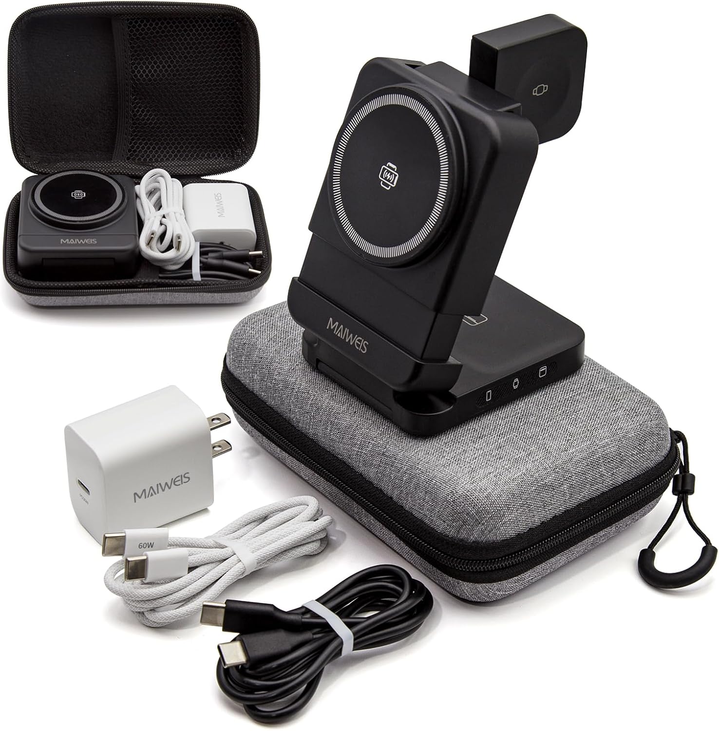 Foldable 3 in 1 Wireless Charging Station | Magnetic Foldable Charger for iPhone Apple Watch AirPods | Travel Charging Station for Samsung Galaxy Watch and Phones (Black, with 30W Adapter)