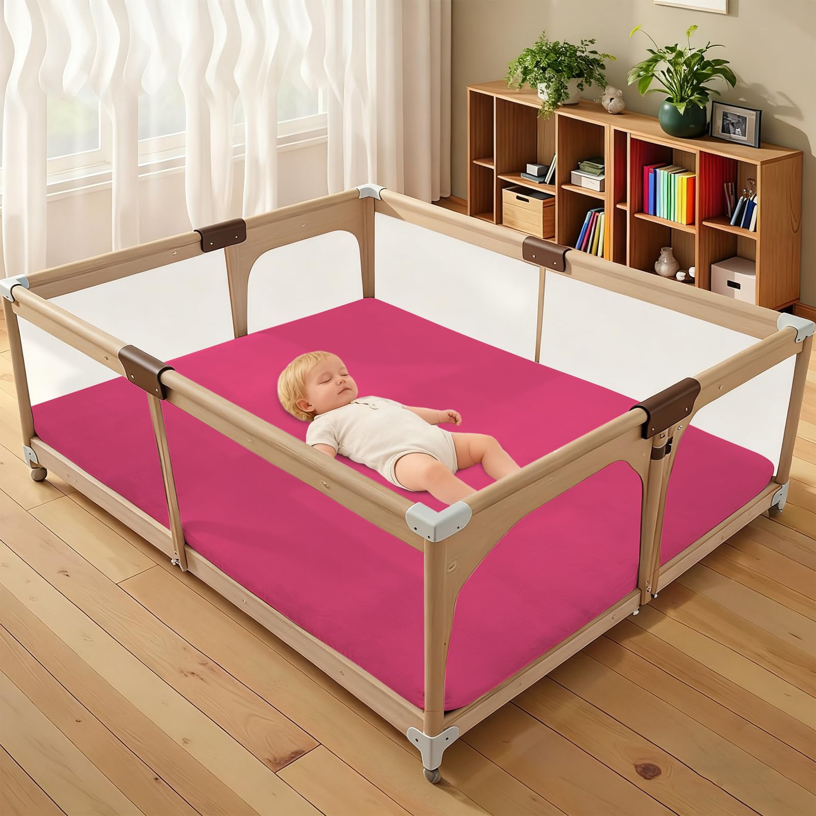 Gruba antypoślizgowa mata dla niemowląt, Duża koralowa welurowa, Mata do zabawy dla niemowląt, Dywan do raczkowania wypełniona gąbką 100 x 100 cm różowy