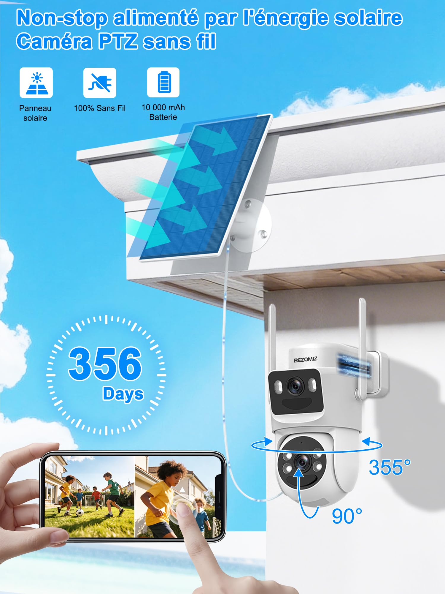 4K Camera Surveillance WiFi Exterieure sans Fil Solaire,Camera Exterieur Double Objectif avec Panneau Solaire,360° PTZ,8MP Vision Nocturne Couleur,Audio Bidirectionnel,PIR Sirène,IP66