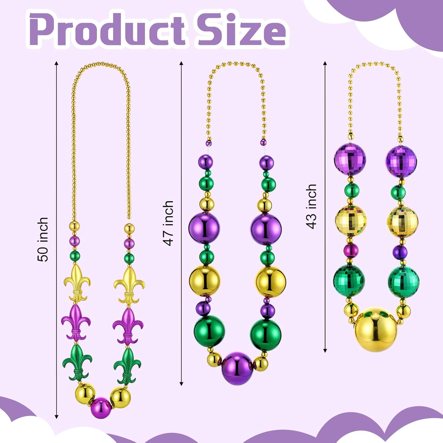XunYee 6 Pcs Jumbo Mardi Gras Bead Necklaces 43'' 47'' 50'' Big Mardi Gras Beads Necklaces Gold Purple Green for Carnival Parade Party Favor Costume Decor