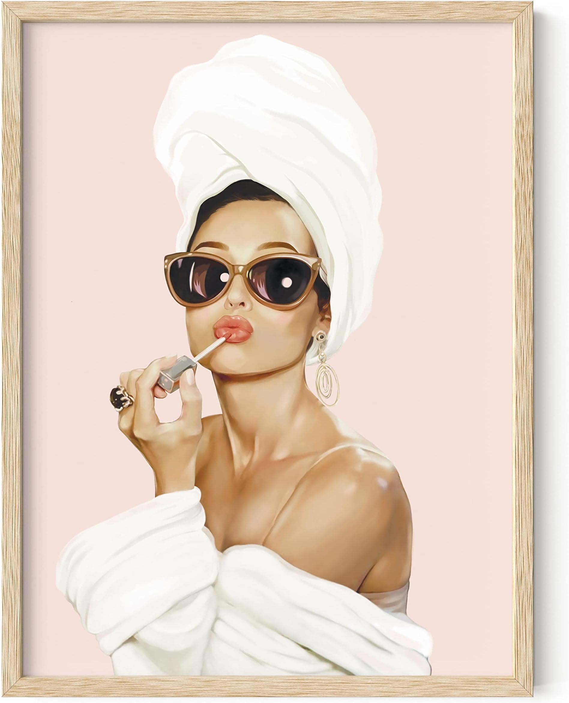 HAUS AND HUES Pink Framed Wall Art, Audrey Hepburn Wall Art Framed, Glam Wall Decor, Pink Pictures Wall Decor, Makeup Wall Decor, Celebrity Framed Art, Vogue Framed Art (Beige, 12x16)