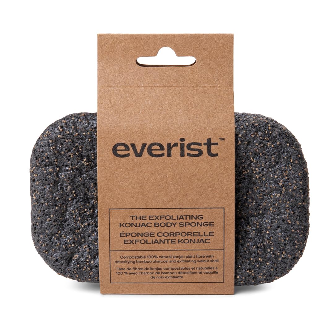 Everist The Exfoliating Konjac Body Sponge, Natural, Reusable, Compostable Bath Sponge for Sensitive Skin, Charcoal Cleansing, 60+ Uses, 1 Each