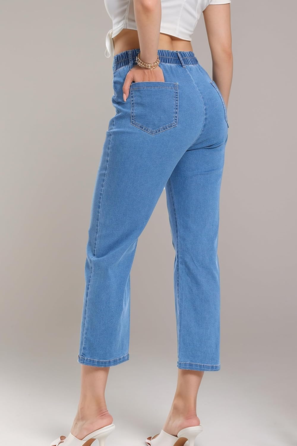 YOCUR Womens Cropped Jeans Elastic High Waist Crop Denim Flare Pants Wide Leg Button Patch Pockets Petite Capri Jeans - Image 2