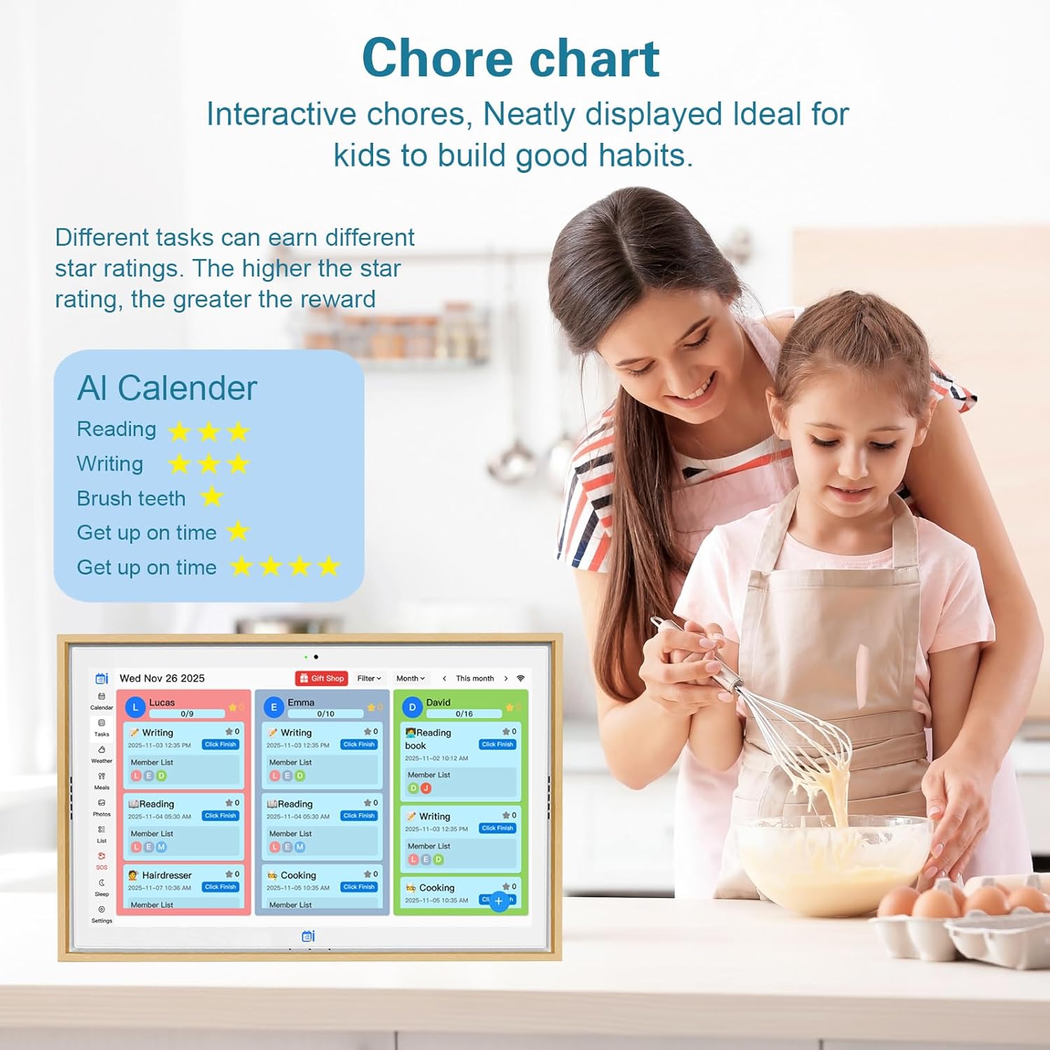 Digital Calendar 15.6 Inch Smart Family Planning & Chore Charts, FHD Smart Touch Screen Home Interactive Electron Calendar,WIFI Sync，Digital Photo Frame Function，Desktop&Wall Planner（Wooden）