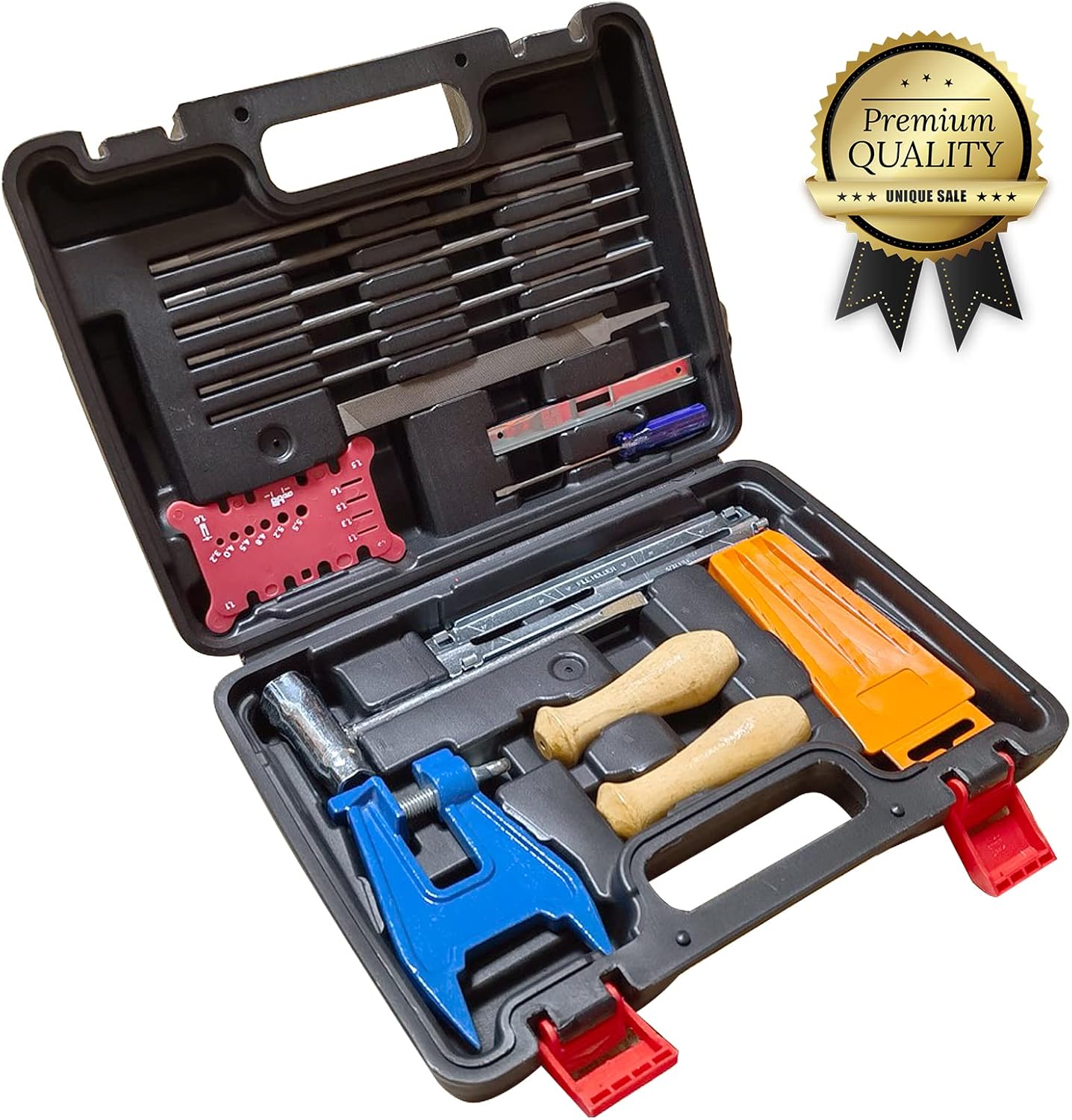 YEFA Chainsaw Chain Sharpening Kit with Hard Case - Contains T - Wrench, Blade Filing Guide, Handles, Depth Gauge, Stump Vise, Felling Wedge, Screwdriver, and More Accessories