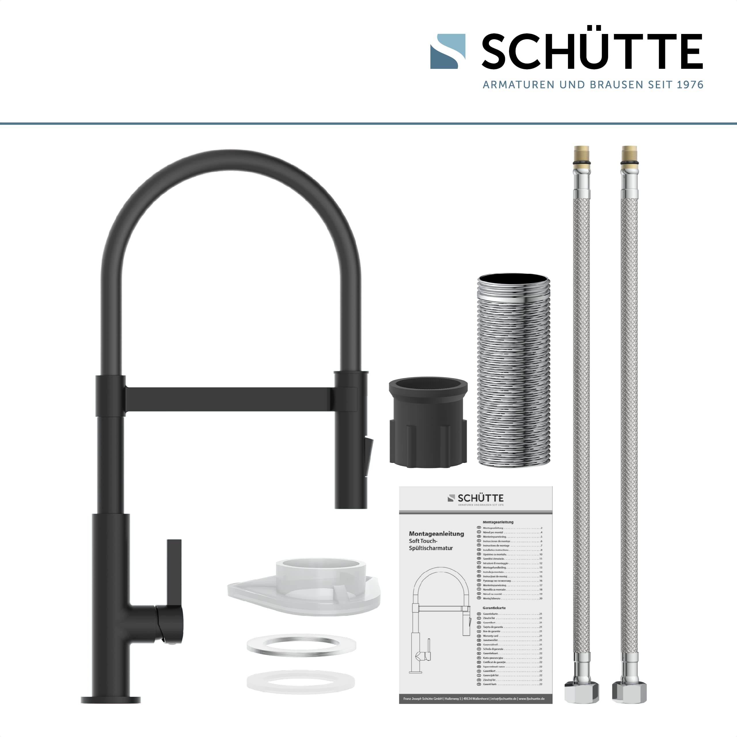 Schütte 79147 Grifo de Cocina de 360 ° con Manguera Suave al Tacto, Mezclador Monomando con alcachofa magnética extraíble para Fregadero, Color Negro Mate