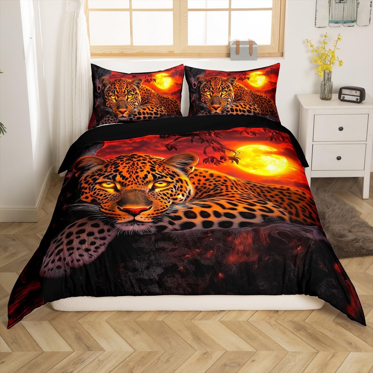 jejeloiu Cheetah Print Bedding Set Toddler Size Leopard Comforter Cover for Kids Teens Adults Sunset Duvet Cover 3D Animal Printed Room Decor 2Pcs with 1 Pillow Case Zipper All Season Soft