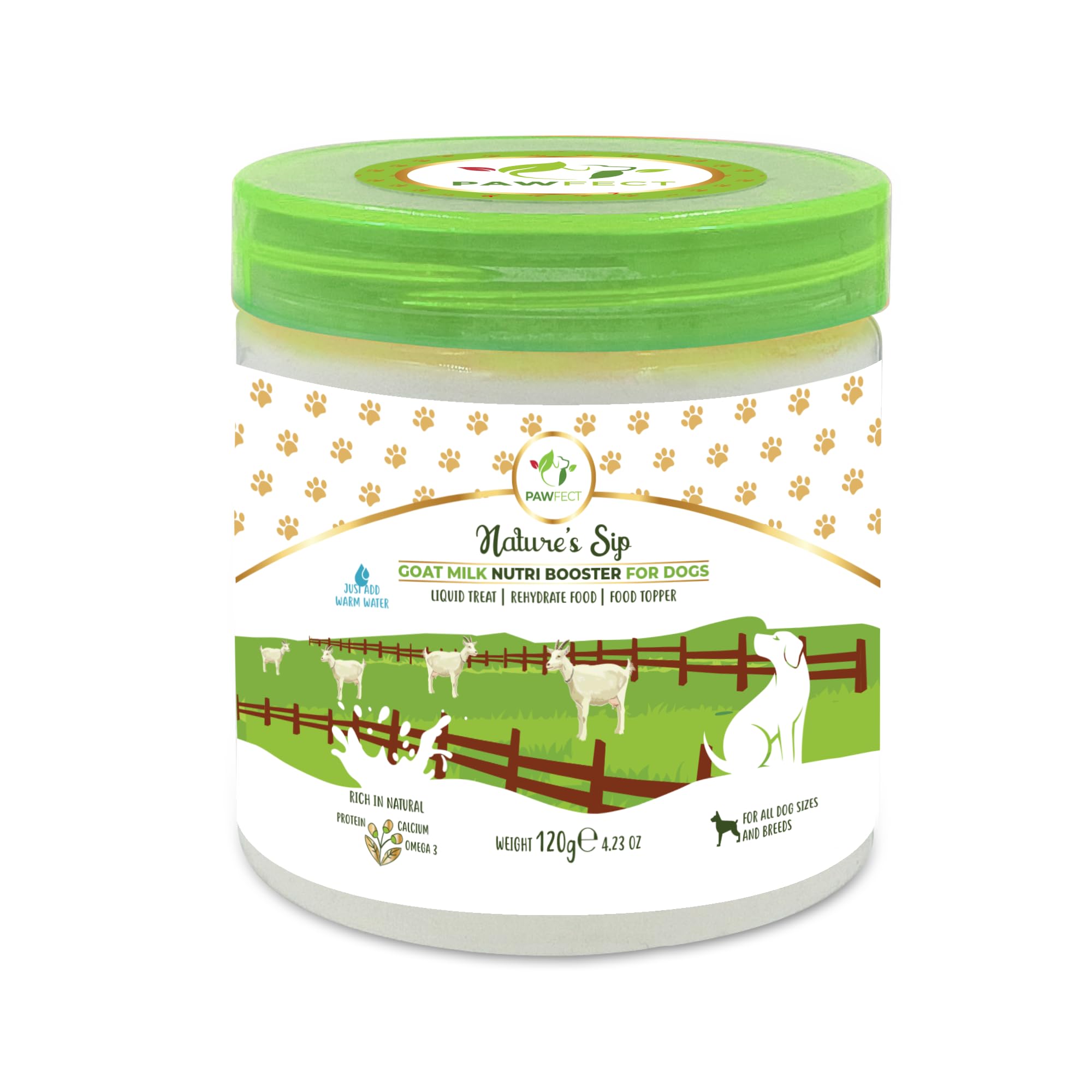 Pawfect Nature's Sip 100% Natural Goat Milk Powder for Dogs & Puppies- Easily Digestible- Source of Vitamins, Minerals, Probiotics- Healthy Topper- Hydration Support- 24 scoops- (120g/4.23oz)