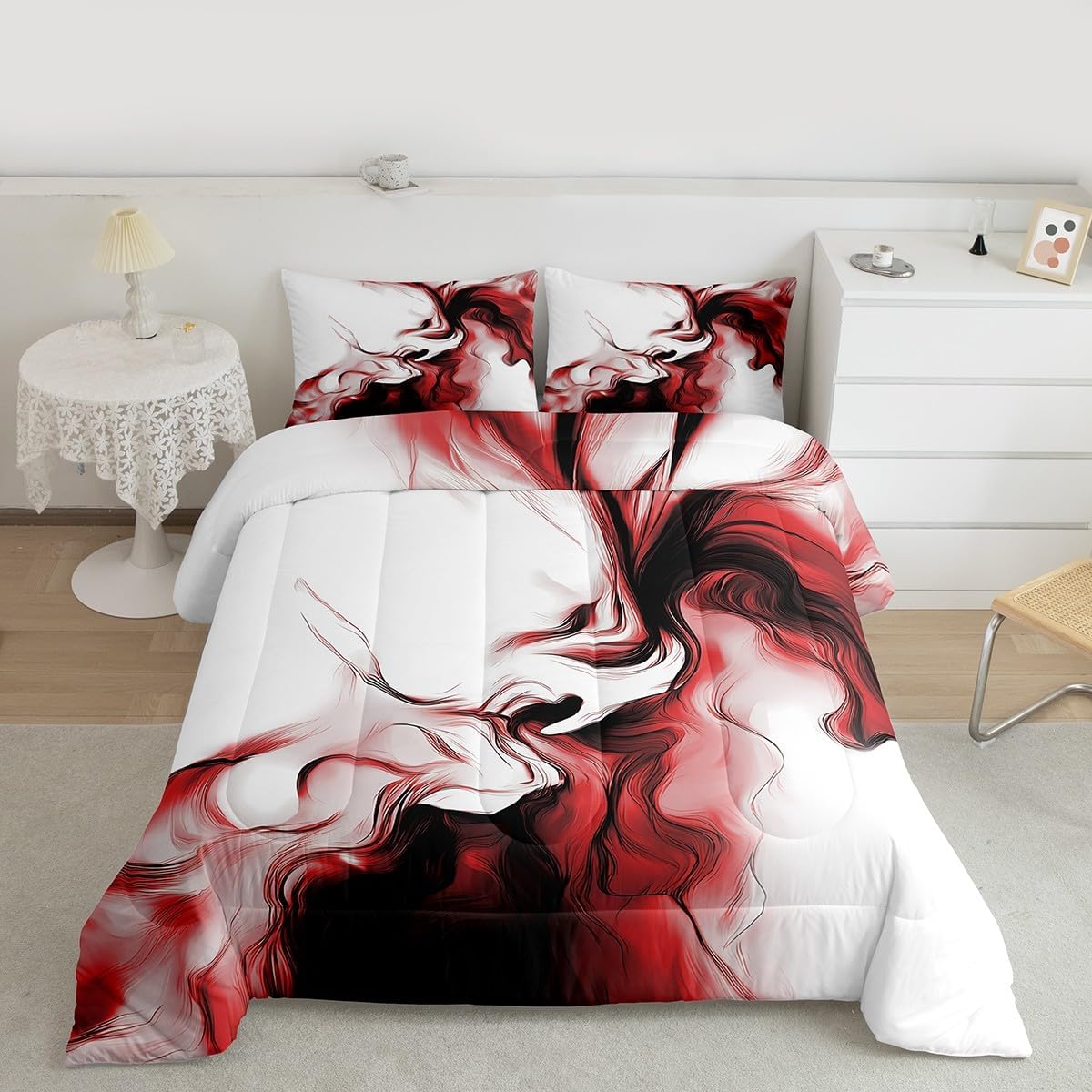 Feelyou Modern Abstract Comforter Set Red Black Bedding Set King Size image 2