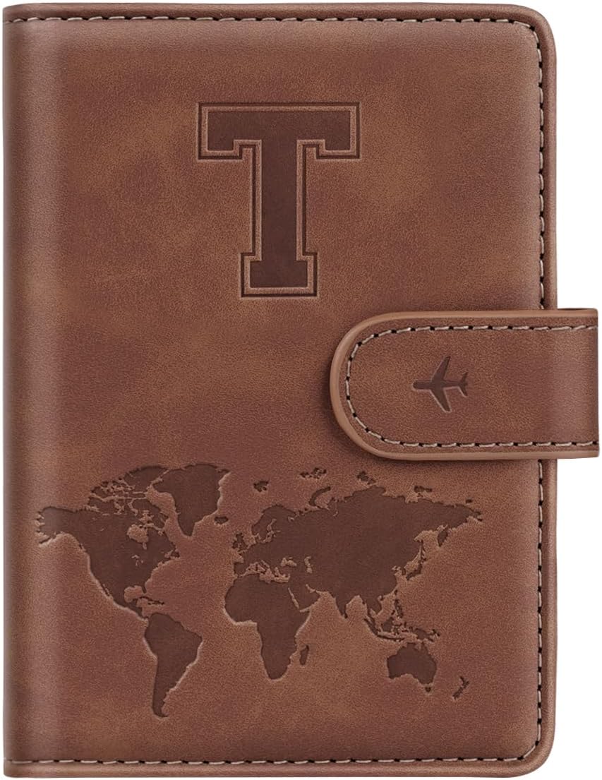 Initial Letter T Passport Cover Personalized RFID Blocking Passport Wallet for Adults, Travel Passport Book Holders for Women and Men, 4 Card Slots, Magnetic Closure