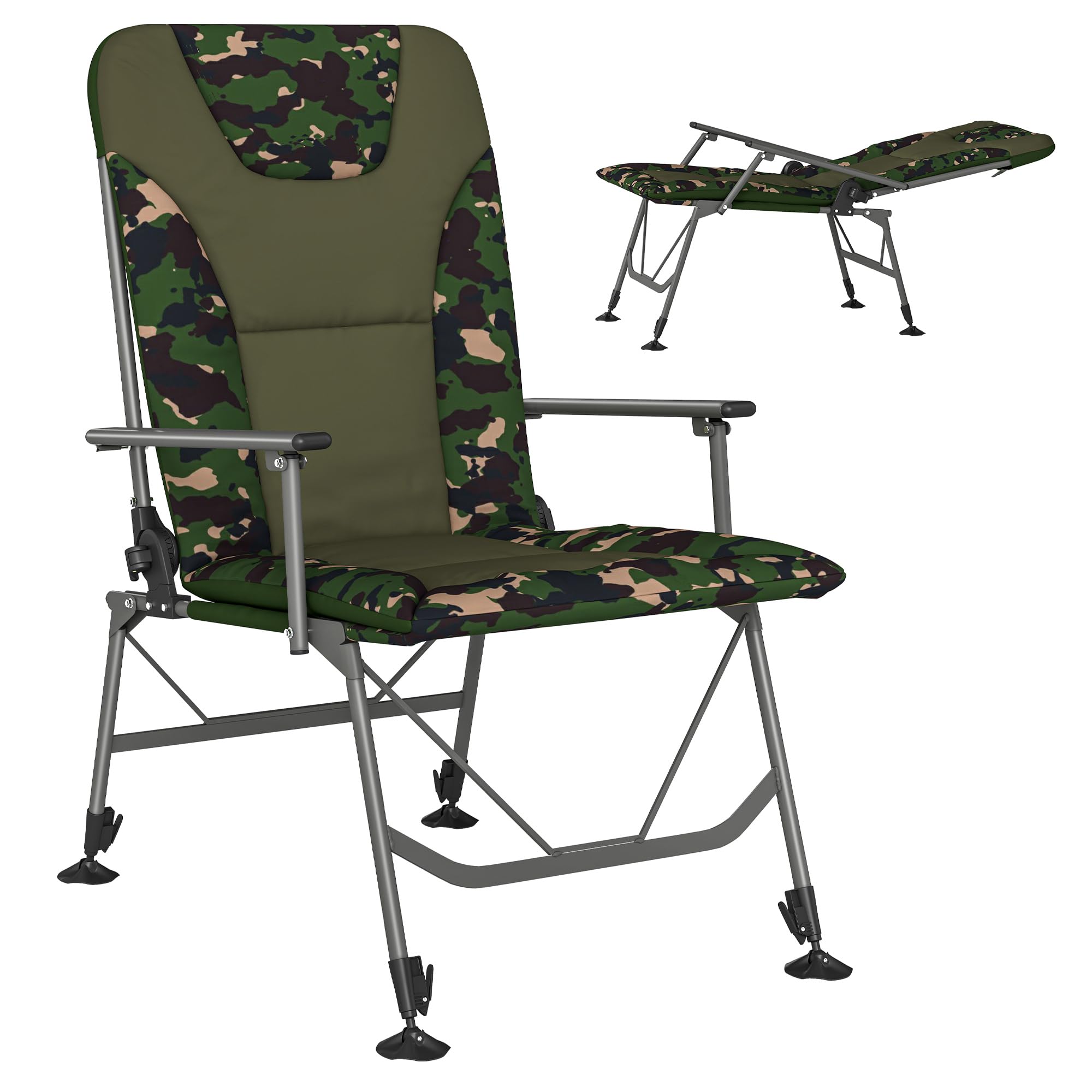 Outsunny Padded Camping Chair for Adults, Portable Reclining Adjustable Folding Chair with Wide Armrests, Outdoor Camp Seat for Garden, Carp Coarse Anglers, Camouflage