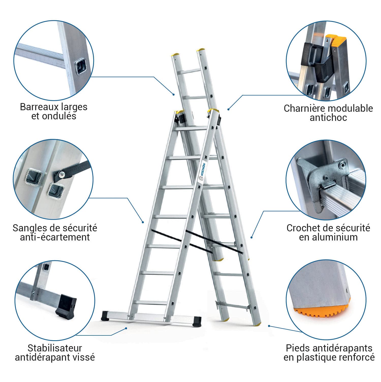 HOSTRÖM Echelle Transformable 3 Plans StablePro 3x7 marches Aluminium Extensible coulissante, 6 Positions, Hauteur Travail Max 5,00m, Garantie 5 Ans