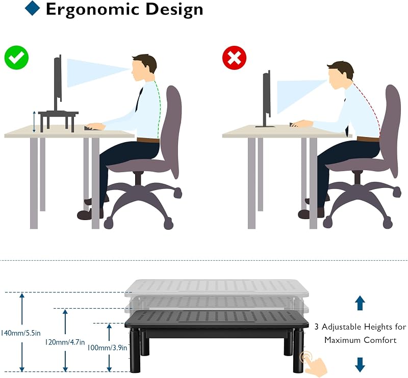 BONTEC Monitor Állvány - Ergonomikus Képernyőemelő, 36,8 x 23,1 cm, 1,18 kg, Stabil Asztali Tartó Számítógép Monitorhoz, Fekete