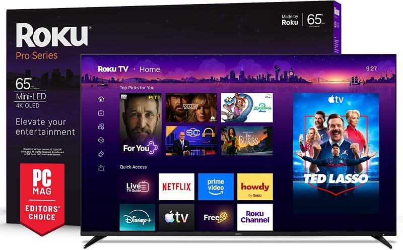Roku 65-Inch Pro Series Smart TV - 4K QLED Mini-LED TV - RokuTV | Flat Screen Television with 120Hz Refresh Rate & Dolby Vision IQ, Live News, Sports, Entertainment - Backlit Voice Remote Pro
