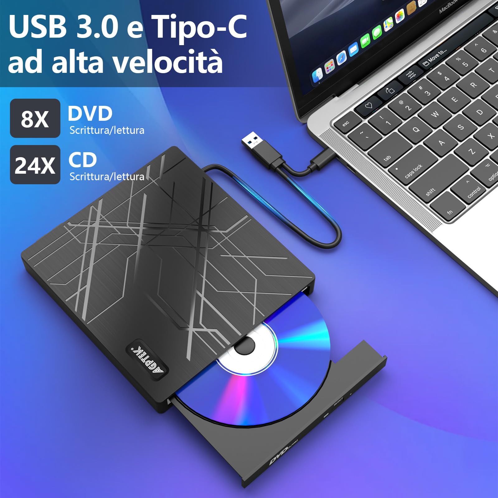 AGPTEK Lettore CD/DVD esterno per laptop, masterizzatore DVD sottile USB 3.0 | Lettore CD/DVD con adattatore Ethernet, slot per schede TF/SD, porte USB, per laptop, PC, MacBook, Windows/Linux/Mac OS