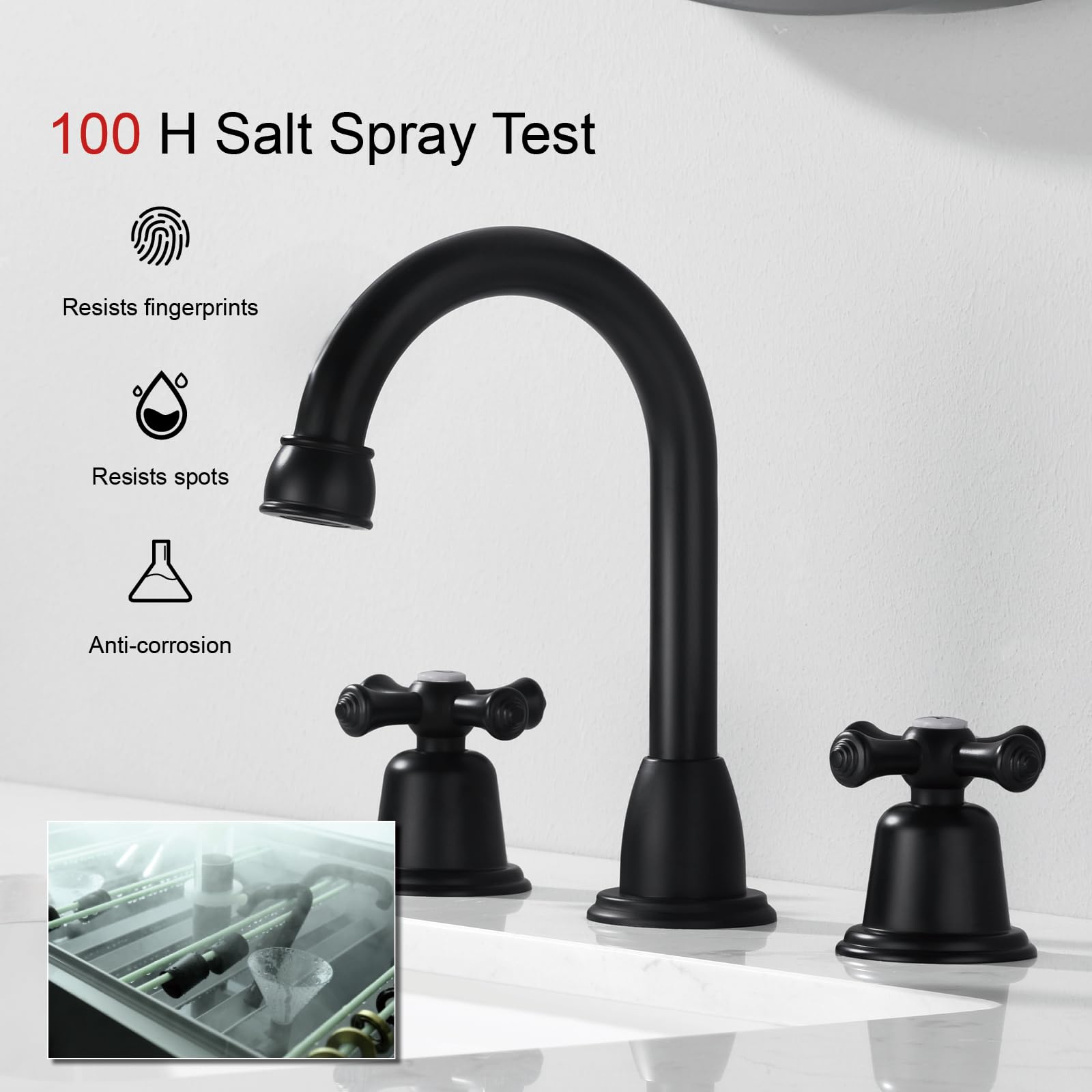 RKF CWF039-MB - Grifos de baño para fregadero de 3 agujeros, color negro mate, 8 pulgadas, llave de fregadero de baño generalizada con desagüe, 2 asas, pomos cruzados, grifo mezclador para lavabo con