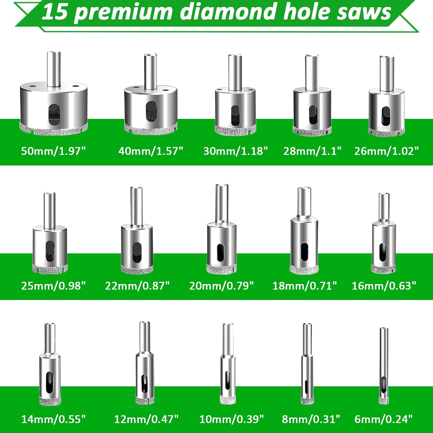 Diamond Hole Saw Kit, 16 PCS Tile Hole Saw Set, Double Suction Cup Guide & 4-Bearing Jig, 6-50mm Dry/Wet Drill Bits for Porcelain, Glass, Granite, Marble, Dry/Wet Zero-Slip Precision Cuts (Green)