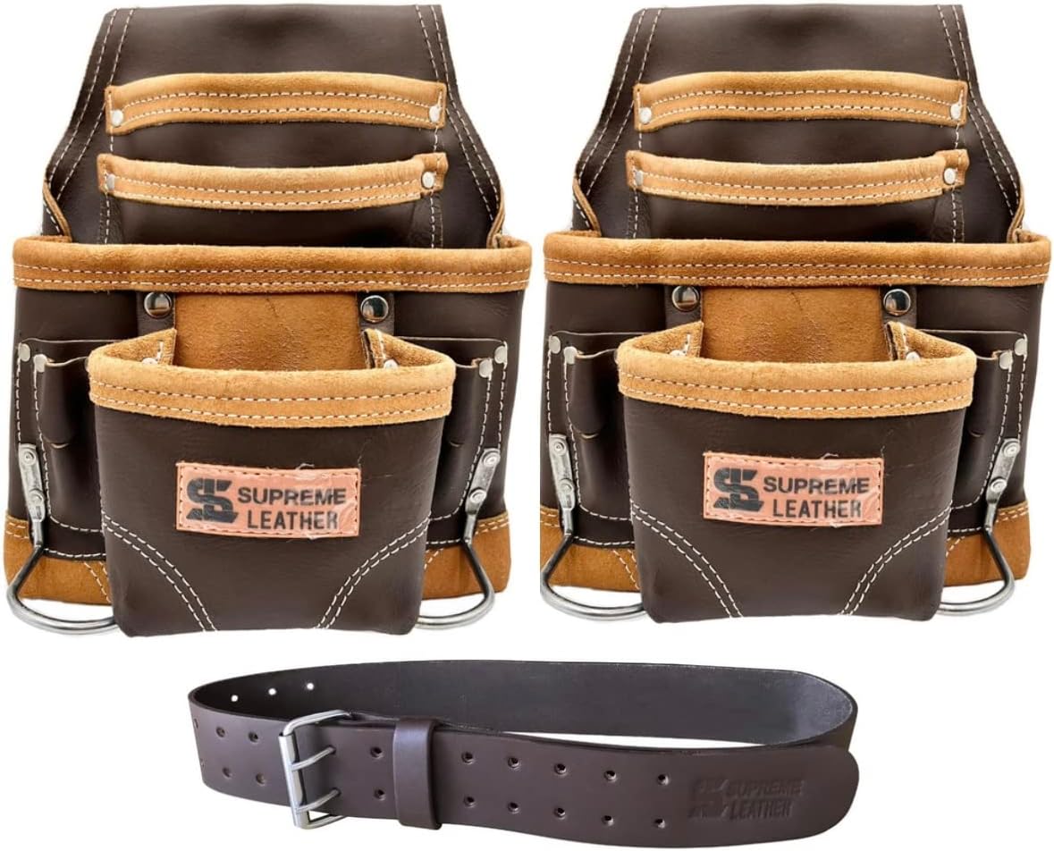 Supreme Leather Set of 10 Pocket Nail & Tool Pouch Oil Tan Leather w/ 2” Leather Tool Belt for Constructors, Electricians, Plumbers, Handyman