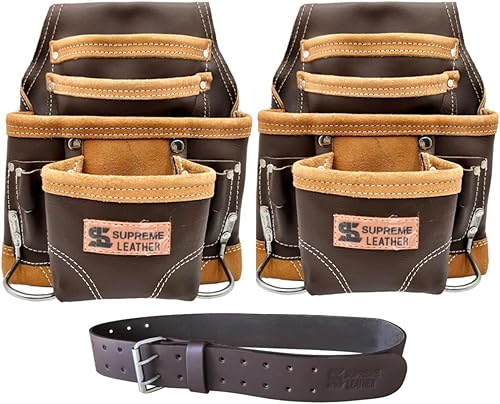 Supreme Leather Juego de 10 bolsas de herramientas y uñas de bolsillo de cuero tostado con cinturón de herramientas de cuero de 2 pulgadas para