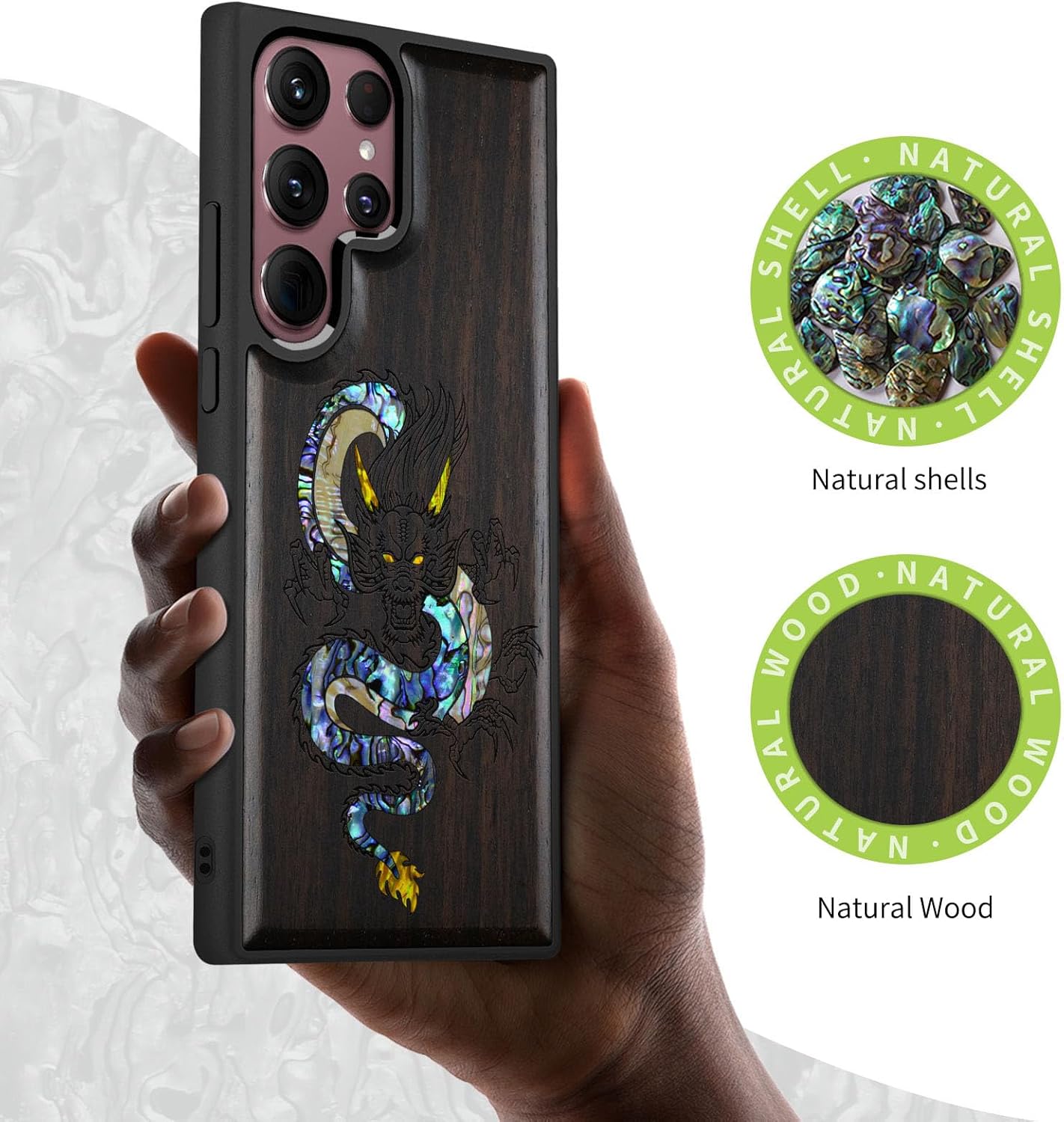 Carveit Designer Wooden Cover for Samsung Galaxy S22 Ultra Case [Wood Engraving & Shell Inlay] Compatible with Wireless Chargers S22 Ultra (The Oriental Dragon-Blackwood)